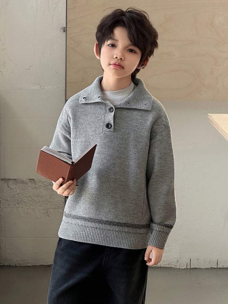 Tween Boy Solid Color Polo Collar Drop Shoulder Long Sleeve Casual Sweater, Autumn/Winter