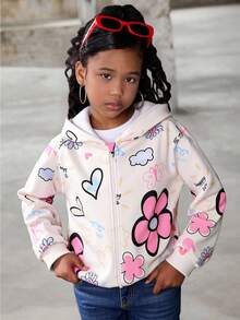 青少年女孩休闲百搭日常百搭校园街头涂鸦印花连帽拉链运动衫夹克 - 杏色 - 查看 1