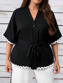 EMERY ROSE Elegant & Comfortable Plus Size Women 2 Pieces Set With Contrast Trim, Everyday Wear - Black and White - View 5