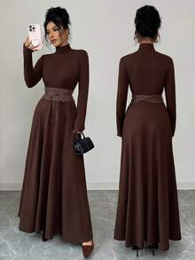 SHEIN Elenzya Váy dệt kim dài màu trơn sang trọng dành cho nữ, thiết kế cổ cao một nửa, ôm vừa vặn, trang trí thắt lưng thon gọn, váy thanh lịch cổ điển, phù hợp mặc hàng ngày, hẹn hò, ăn tối, cặp đôi, lớp trong thu đông, lớp ngoài xuân - màu nâu - Xem 1