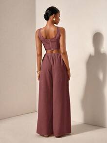 Zivah 新款春夏度假休闲鱼骨吊带上衣和阔腿裤两件套西装带口袋，纹理面料 - 款式B - 珊瑚粉 - 查看 3