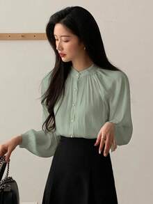 DAZY Blusa de manga farol con botones de unicolor para mujer, blusa de manga larga para otoño - Verde - Ver 2