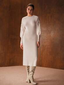 MOTF PREMIUM VESTIDO DE PUNTO DE LONGITUD MEDIA CON CINTURA BORDADA - Albaricoque - Ver 5