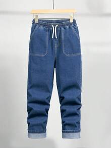 SHEIN Mirajuku 青少年男孩復古校園風彈性腰洗深藍色牛仔細腳褲,寬鬆舒適