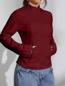 SHEIN Unity 1 件女士休闲羊毛面料修身纯色拉链长袖夹克 - 酒紅色 - 查看 7