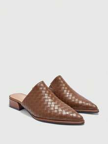 CUCCOO BIZCHIC 女式复古棕色编织压纹粗跟穆勒鞋 - 棕色 - 查看 6