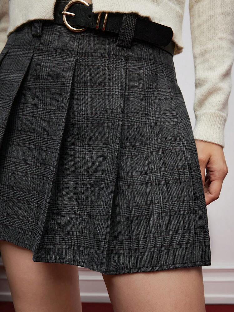 SHEIN Maija Women's Plaid & Solid Color Minimalist Casual Skirt, Suitable For Daily Wear, Commuting, Business Casual, Elegant Office Attire, Teacher Uniform Christmas Clothes For Women  White Top