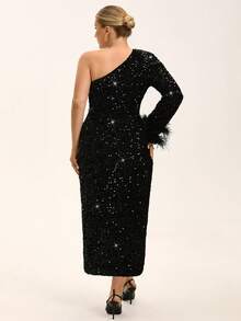 Aveloria Rosie Plus Size Women's Autumn/Winter New Arrival, Heavily Embellished Sequin One Shoulder Long Sleeve Asymmetric Design, French Luxury Elegant High Waist Fitted Slimming Long Dress, Double Layer Feather Cuff Decoration, Sophisticated Little Black Dress Versatile High-End, Suitable For Formal Occasions, Weddings, Parties