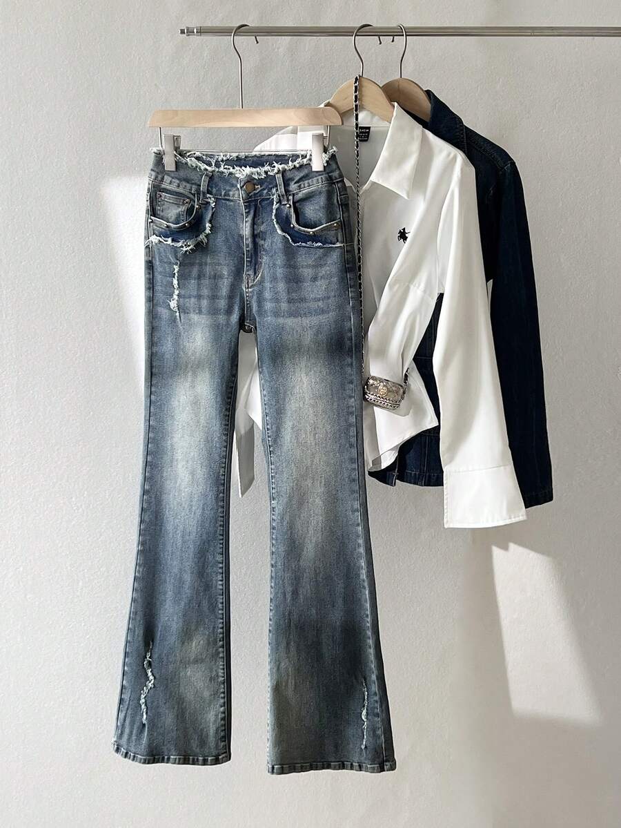 Elamini 女士毛边口袋设计喇叭裤腿休闲牛仔裤 - 藍色 - 查看 1