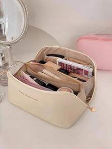 大容量分格化妆包，旅行化妆包，女士大容量化妆包，防水便携开口平铺洗漱包，带隔层和提手，化妆包，旅行洗漱包，大容量收纳包，奢华化妆包，便携式旅行洗漱套装（白色），波西米亚风 - 白色 - 查看 3
