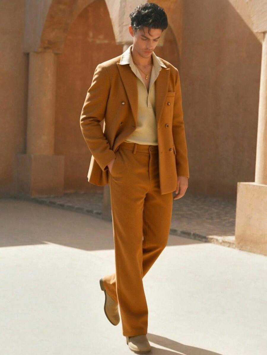 HIMLAND 2pcs Men's Casual Snowflake Fleece Double-Breasted Suit Set - Brown - View 1