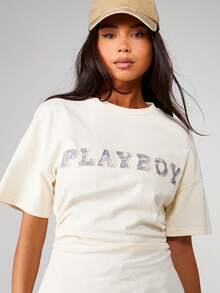 Missguided x Playboy Áo thun cổ tròn tay ngắn cổ điển thắt eo cỡ lớn, thích hợp mặc thường ngày - Màu Xám nhạt - Xem 4
