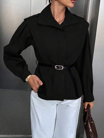 Siren Gaze Women's Elegant Chic Fall Clothes For Women, Autumn Outfits For Women Winter Clothes, Belted Commuter Jacket With Free Belt, Old Money Style Going Out Work Party Top, 2025 New Autumn Winter Fashion Must - Have, Suitable For Halloween Christmas Saudi National Day Black Blouses Work Blouse Modest Blouse Black Work Top Black Shirts For Women Casual