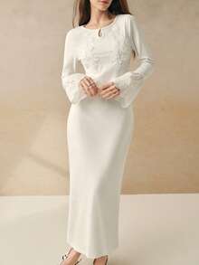 INAWLY 女式长裙，胸前有 3D 花卉贴花 - 白色 - 查看 3