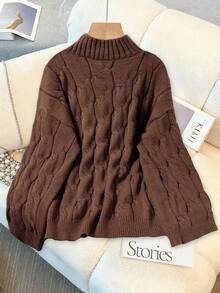 GlowEve CURVE Plus Size Women Knitted Casual Sweater Top, Flare Sleeve, Stand Collar, Drawstring, Loose Fit, Solid Color Pullover Sweater - Coffee Brown - View 2