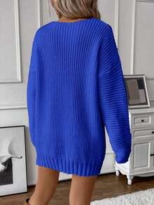 EURMUSE Oversized European & American Style V-Neck Loose Knit Pullover Dress, Casual Solid Color New Arrival Dropped Shoulder - Royal Blue - View 2