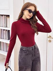SHEIN Atasan Kaos Dalam Termal Lengan Panjang Kerah Tinggi Bergaris Warna Burgundy untuk Remaja Perempuan, Musim Gugur/Dingin - Burgundy - View 5