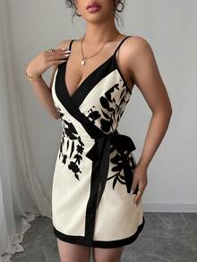Elenzga Sexy & Elegant Wrap Front V-Neck Printed Women Short Dress