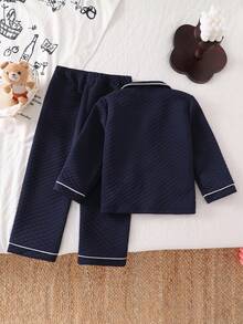 SHEIN Young Boy Navy Blue Quilted Texture Bear Pattern Collar Cardigan & Pants Pajama Set - Royal Blue - View 2