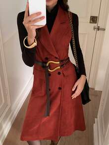 Elyressa Women's Elegant French Style Double-Breasted Lapel Neck Sleeveless Dress - Red - View 7