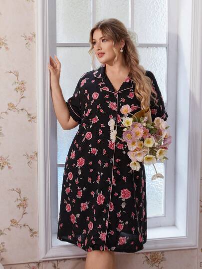 CottageSlumber Plus Size Floral Print Lapel Neck Allover Floral Casual Short Sleeve Summer Cardigan Nightgown