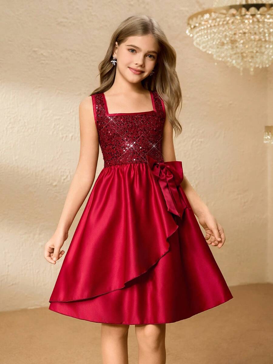 Tween Girl' Spaghetti Strap Dress With Bow, Ruffle Hem & Sequin Patchwork, Elegant & For Halloween, Christmas, Party - Red - View 1