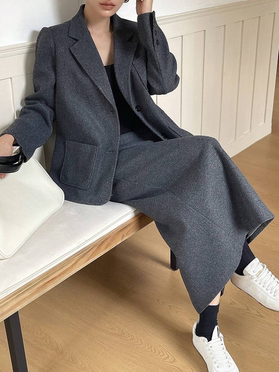 DAZY 女式简约通勤翻领喇叭袖夹克和裙子两件套，秋季 - 灰色 - 查看 1