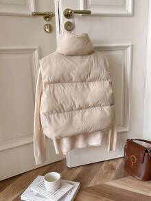 SHEIN Frenchy New Autumn Women's Winter Casual Warm Zip-Up Stand Collar Padded Sleeveless Padded Coat With Small Logo Embroidery, Autumn/Winter,Commuting Style, Suitable For Party, Halloween, Christmas, Holiday Events Jackets - Apricot - View 2