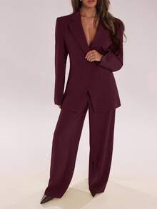 SHEIN BAE Women's Solid Color Lapel NeckDouble-Breasted Long Sleeve Jacket And Pants Casual Commuter Suit Set, Autumn - Rusty Rose - View 5
