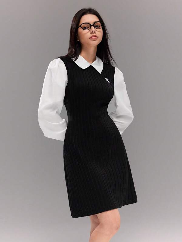 Teen Girl Casual Versatile Shirt Patchwork Dress, Collared Shirt Design With White Horse Embroidery On Front, Suitable For Outdoor Walking, Shopping, Commuting, Can Be Paired With Coats And Jackets