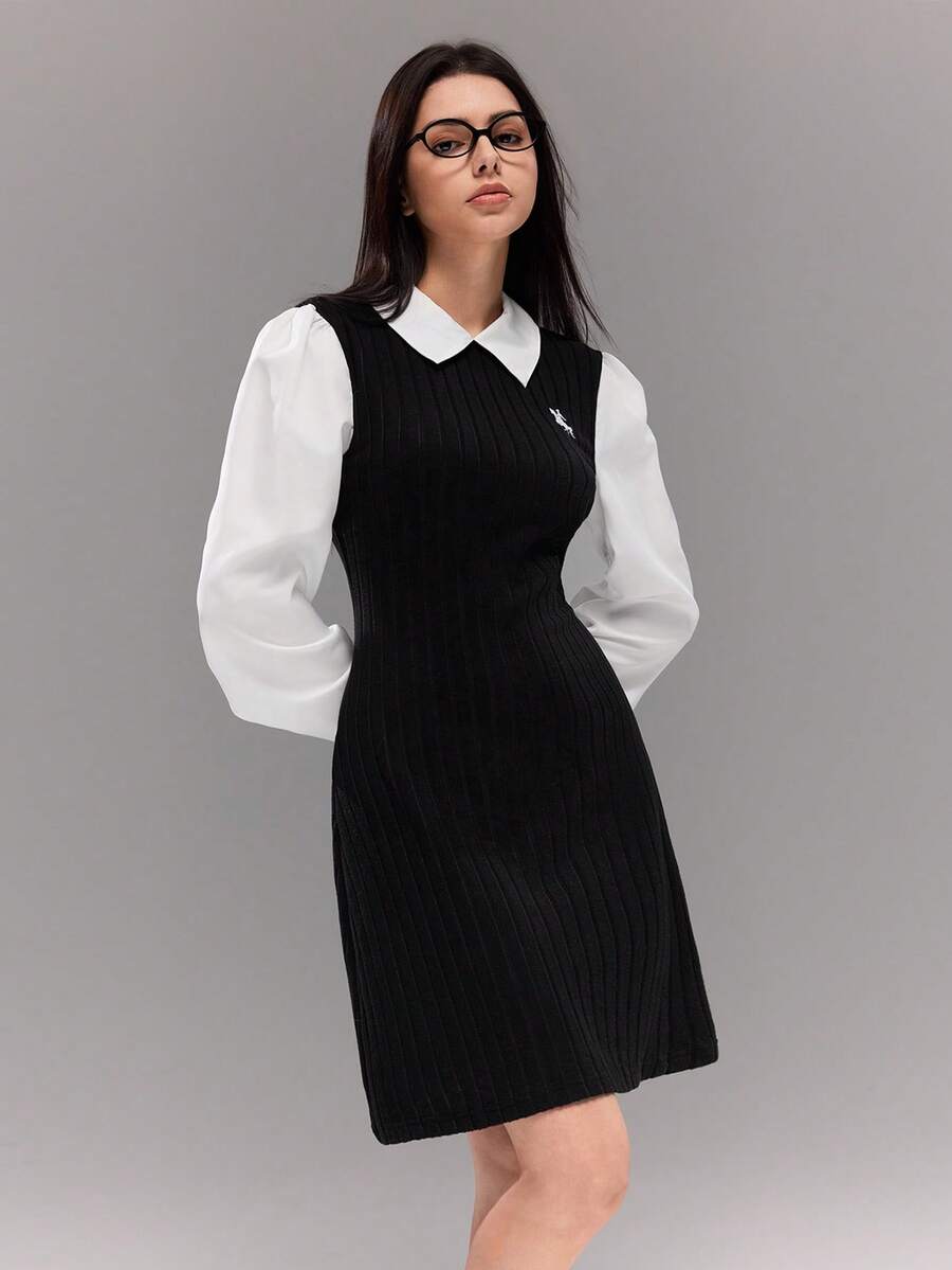 Sparklyn 少女休闲百搭衬衫拼接连衣裙,翻领衬衫设计,正面饰有白马刺绣,适合户外散步、购物、通勤,可搭配外套和夹克 - 黑與白 - 查看 1