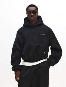 SUMWON 落肩宽松短款连帽套头衫，带中央口袋抽绳兜帽，休闲街头风冬季秋季运动衫 - 黑色 - 查看 5