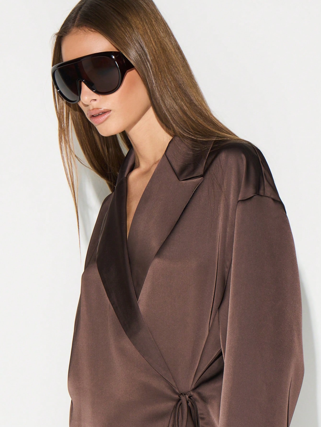 KIZN Brown Wrap Blouse With Tie Detail