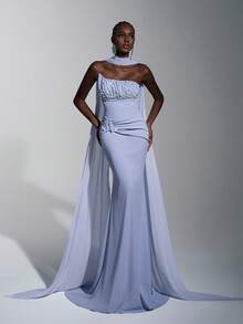 Elitara Elegant Greyish Blue Knitted Stretchy Rhinestone Embellished Sequin Trailing Formal Dinner Dress, Minimalist Wedding Event Birthday Party Gown - Dusty Blue - View 2