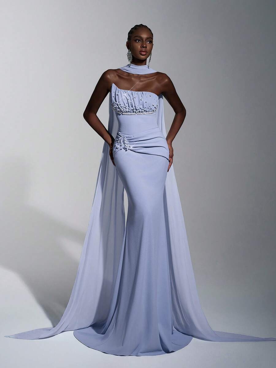 Elitara Elegant Greyish Blue Knitted Stretchy Rhinestone Embellished Sequin Trailing Formal Dinner Dress, Minimalist Wedding Event Birthday Party Gown