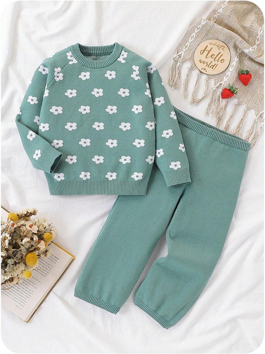 SHEIN Vintaside Kids 女童和幼儿休闲时尚可爱百搭卡通花朵毛衣和毛衣+毛衣裤羊毛套装 - 藍色 - 查看 1