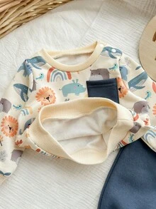 Newborn Baby Boy Cute Cartoon Pattern Long Sleeve Sweatshirt And Pants Set, Autumn/Winter - Multicolor - View 5