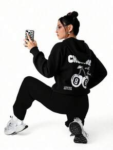 SHEIN Explorewe 2pcs/Set Teen Girls Casual Sports, Cherry & Letter Print Hoodie Sweatshirt + Loose Fit Thermal Lined Hoodie & Long Sweatpants Set Fall Winter - Black - View 3
