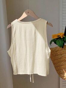 Comfortcana Plus Size Summer Casual Solid Color Sleeveless Shirt With Drawstring Women Sleeveless Tops Linen Tops Women Cotton Tops Women Summer