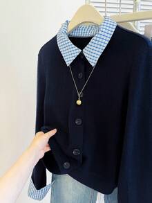 SHEIN Franclia 女式格子拼布翻领长袖单排扣休闲夹克，秋季 - 彩色 - 查看 8