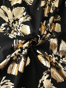 Franclia Robe d'automne pour femmes à manches longues, col en V, taille cintrée, avec imprimé floral doré sur le bas, style mode et polyvalent - Noir - Voir 6