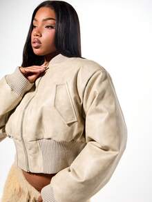 SUMWON WOMEN Oversized Faux Leather Bomber Jacket With Ribbed Trim And Cropped Silhouette For Fall Winter Layering