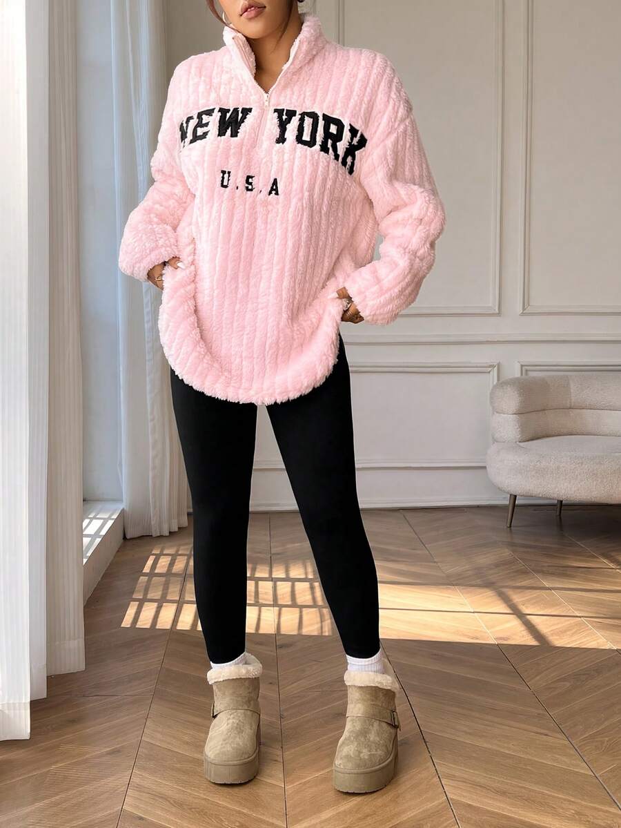 SHEIN EZwear 女士休闲羊毛衬里字母印花拉链连帽衫和裤子套装,粉色,秋冬连帽衫和运动裤套装,家居服和工作服,Y2K蓬松加厚两件套休闲套装,纽约女装,女士舒适服装 - 粉色 - 查看 1