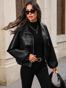 EMERY ROSE 女式纯色灯笼袖拉链前开 PU 皮夹克，秋季 - 黑色 - 查看 7