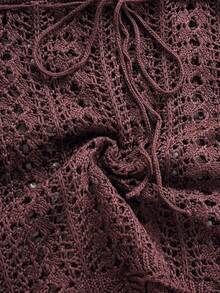 Soleia 全新休闲度假西部海滩婚礼宾客服装返校毕业早午餐、圣帕特里克节春假复活节音乐节优雅波西米亚风热带露背钩针露背短款上衣和迷你裙两件套女装 - 卡其色 - 查看 6