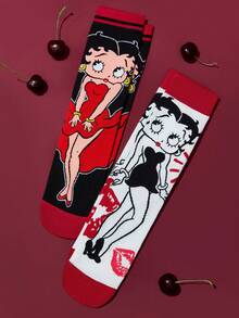 Betty Boop x SHEIN 2 双柔软透气吸湿排汗休闲女士中筒袜，时尚黑白可爱女士中筒袜，加固脚趾和脚跟，经久耐用，四季百搭，夏季冬季 - 彩色 - 查看 5