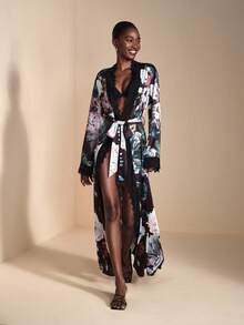 JIAN LASALA Floral Print Satin Silk-Like Elegant Women Loose Maxi Robe With Lace Trim Long Bell Sleeves Luxury Stylish Clothing Collection Floral Robe Curve Robe Mesh Robe Robe Long Sleeve Long Sleeve Robe Women Floral Robe Long Robe - Multicolor - View 5