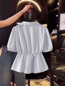 SHEIN LUNE 大码女式休闲条纹泡泡袖收腰衬衫 - 紫色 - 查看 2