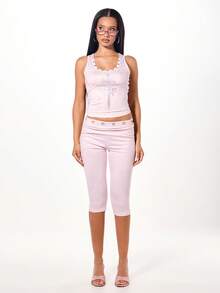 SUMWON WOMEN Gothic Rhinestone Cross Tank Top And High Waist Capri Pants Two Piece Set With Metal Button Details - Pink - View 6