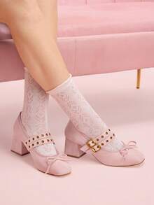 CUCCOO DOLLMOD Pantofi Mary Jane cu toc gros și elastic, stil retro francez, roz, din piele întoarsă, cu baretă dublă și fiolă, model retro, cu fundă - Roz - Vizualizare 4